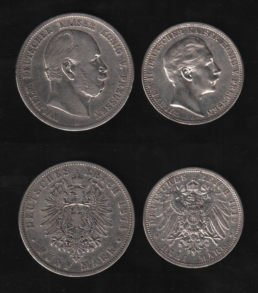 Deutsches Reich. Silbermünze. 5 Mark. Wilhelm I., Deutscher Kaiser. A 1874. Vorderseite: Porträt