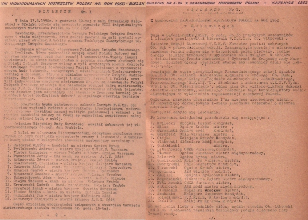 Kattowitz 1952. X Szachowych indywidualnych Mistrzostw Polski na rok 1952 w Katowicach. Bulletin Nr.