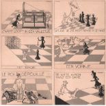 Postkarte. Karikaturen mit vermenschlichten Schachfiguren. Nicht vollständige Serie mit 7