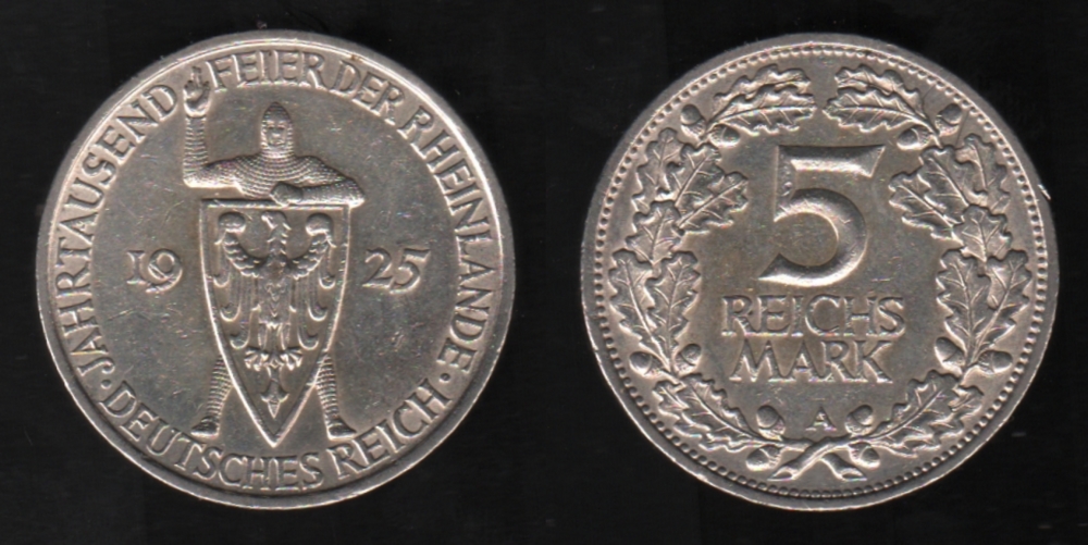 Deutsches Reich. Silbermünze. 5 Reichsmark. Jahrtausendfeier der Rheinlande. A 1925. Vorderseite: