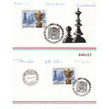 Buenos Aires 1978. Farbige Klappkarte mit Schachmotiv und zwei Briefmarken (mit Schachmotiv) zur