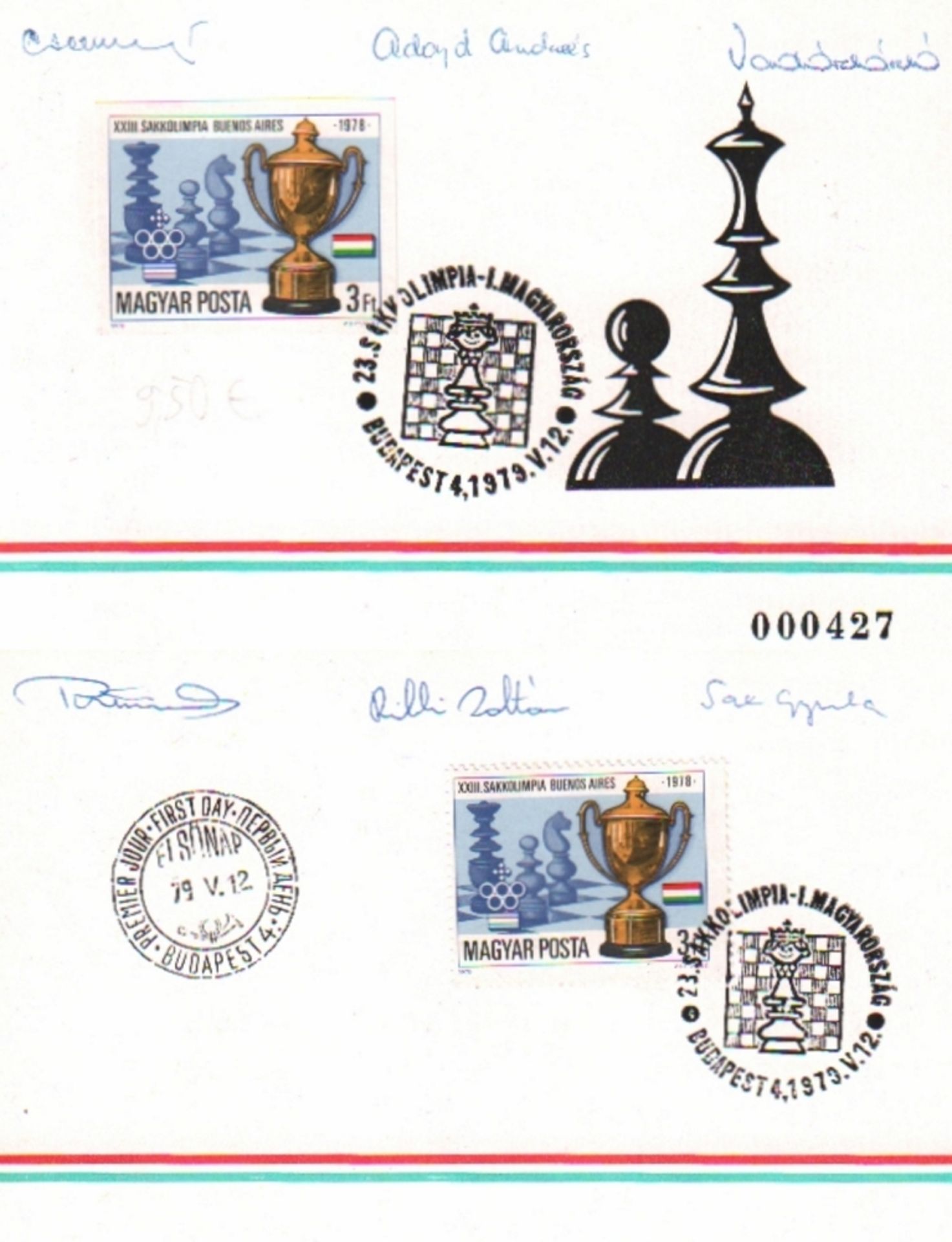 Buenos Aires 1978. Farbige Klappkarte mit Schachmotiv und zwei Briefmarken (mit Schachmotiv) zur