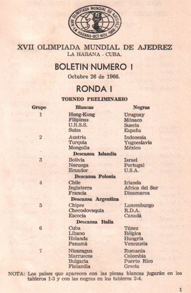 Havanna 1966. XVII Olimpiada Mundial de Ajedrez La Habana - Cuba 1966. Bulletin Nr. 1 - 22 (von 23).