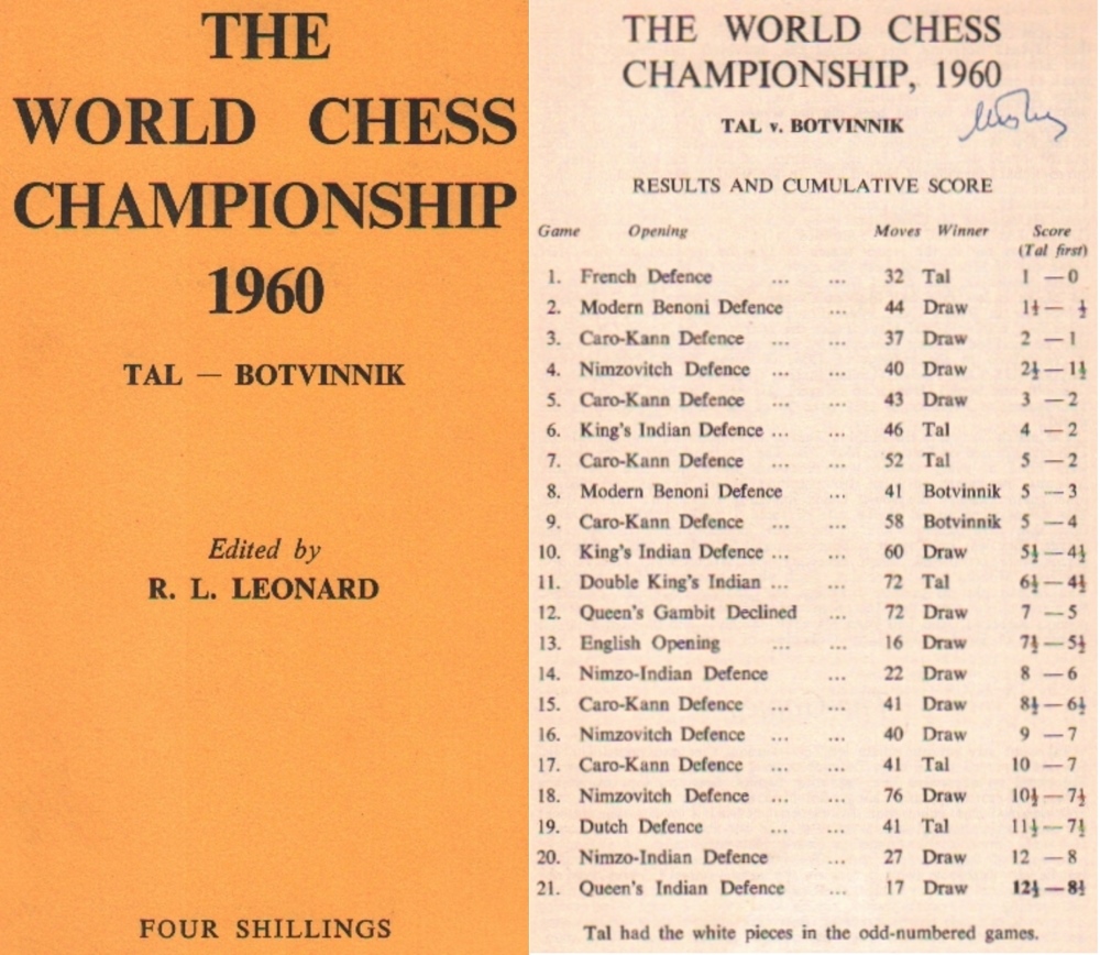 Tal. Leonhard, R. L. (Hrsg.) The World Chess Championship 1960 Tal - Botvinnik. London 1960. 8°.