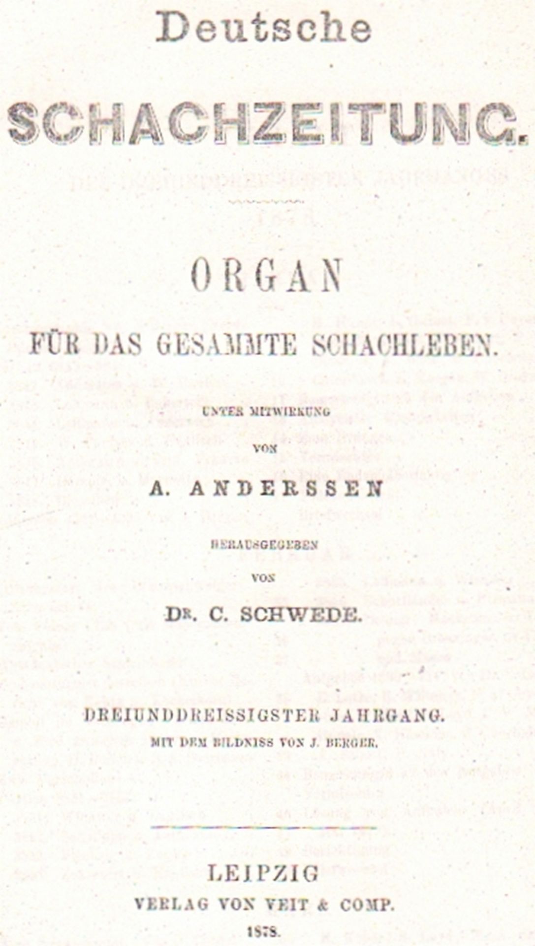 Deutsche Schachzeitung –(KOPIE). Organ für das gesammte Schachleben. Hrsg. von C. Schwede. 33.