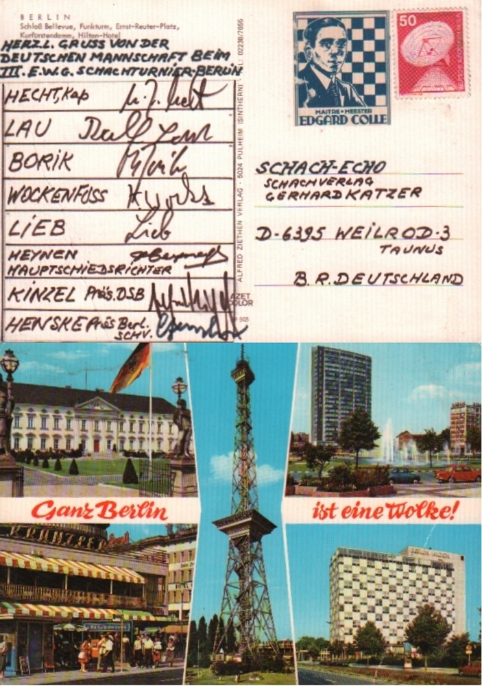 Berlin 1980. Farbige und postalisch gelaufene Postkarte mit farbigen Ansichten aus Berlin und 8