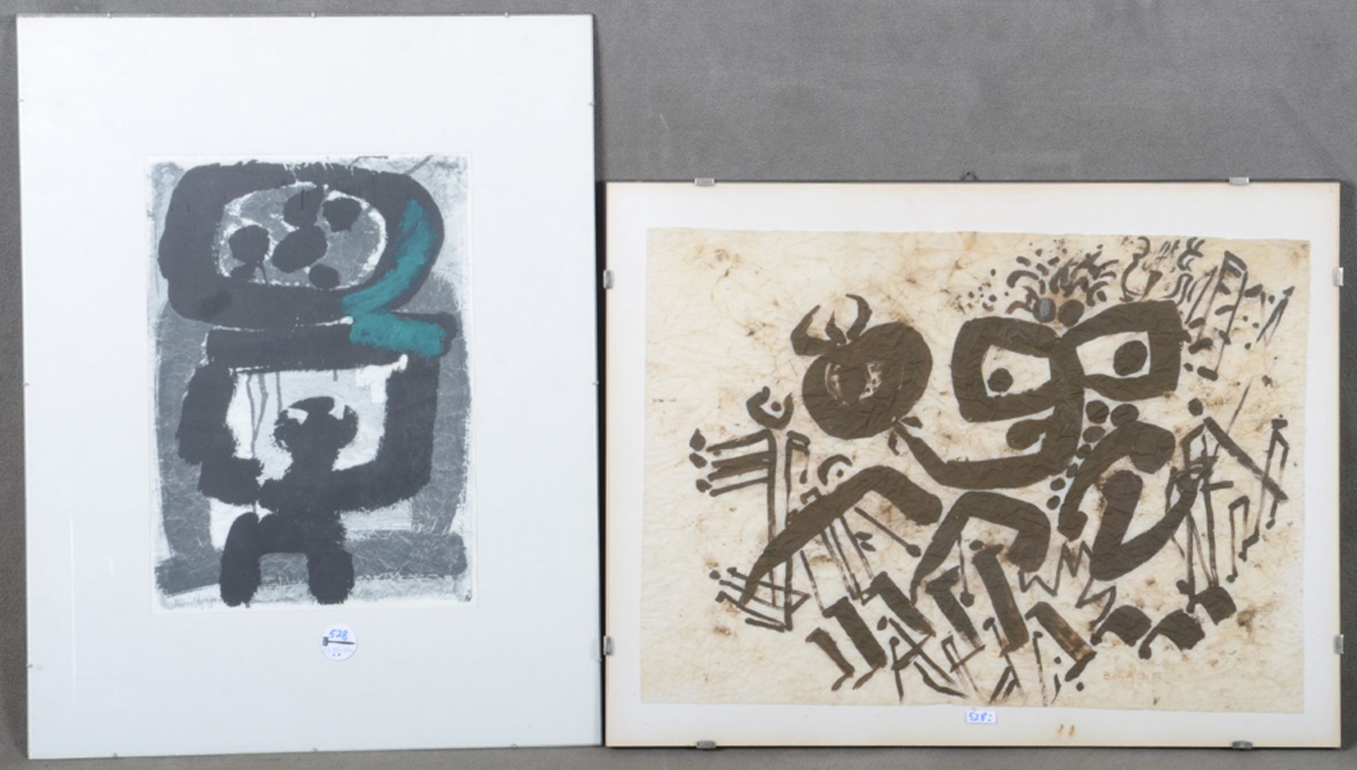 Helmut Bönitz (1914-1999). Zwei Kompositionen mit Strichfiguren. Farblithographien, re. bzw. li./