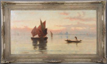 C. Fontana (Maler des 20. Jhs.). Segelboote und Gondoliere vor dem Hafen von Venedig. Öl/Lw., li./u.