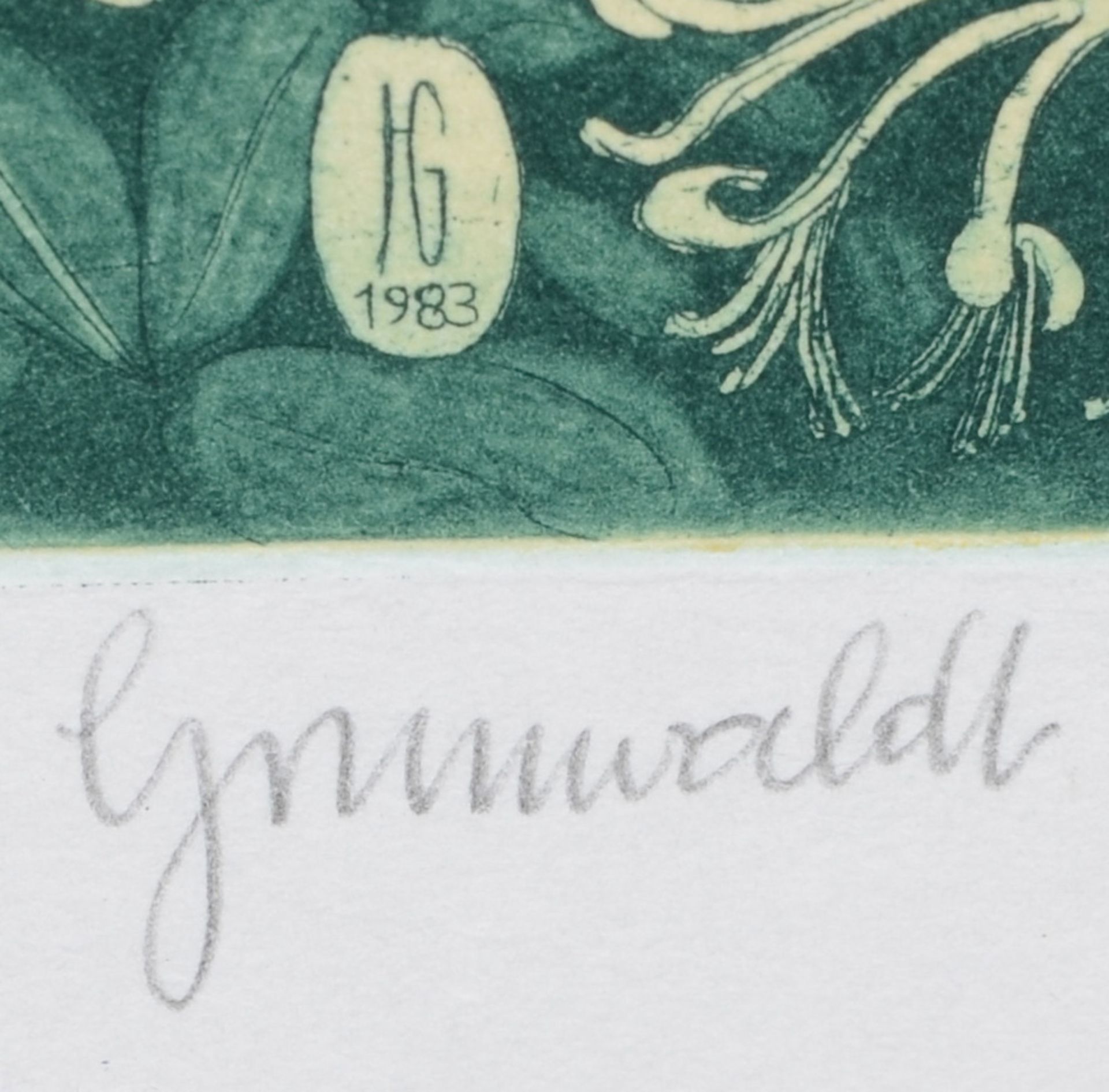 Herbert Grunwaldt (1928-2014). „Seeufer“ und „Kaprifol“. Zwei Farbradierungen, je re./u./sign./ - Image 2 of 2