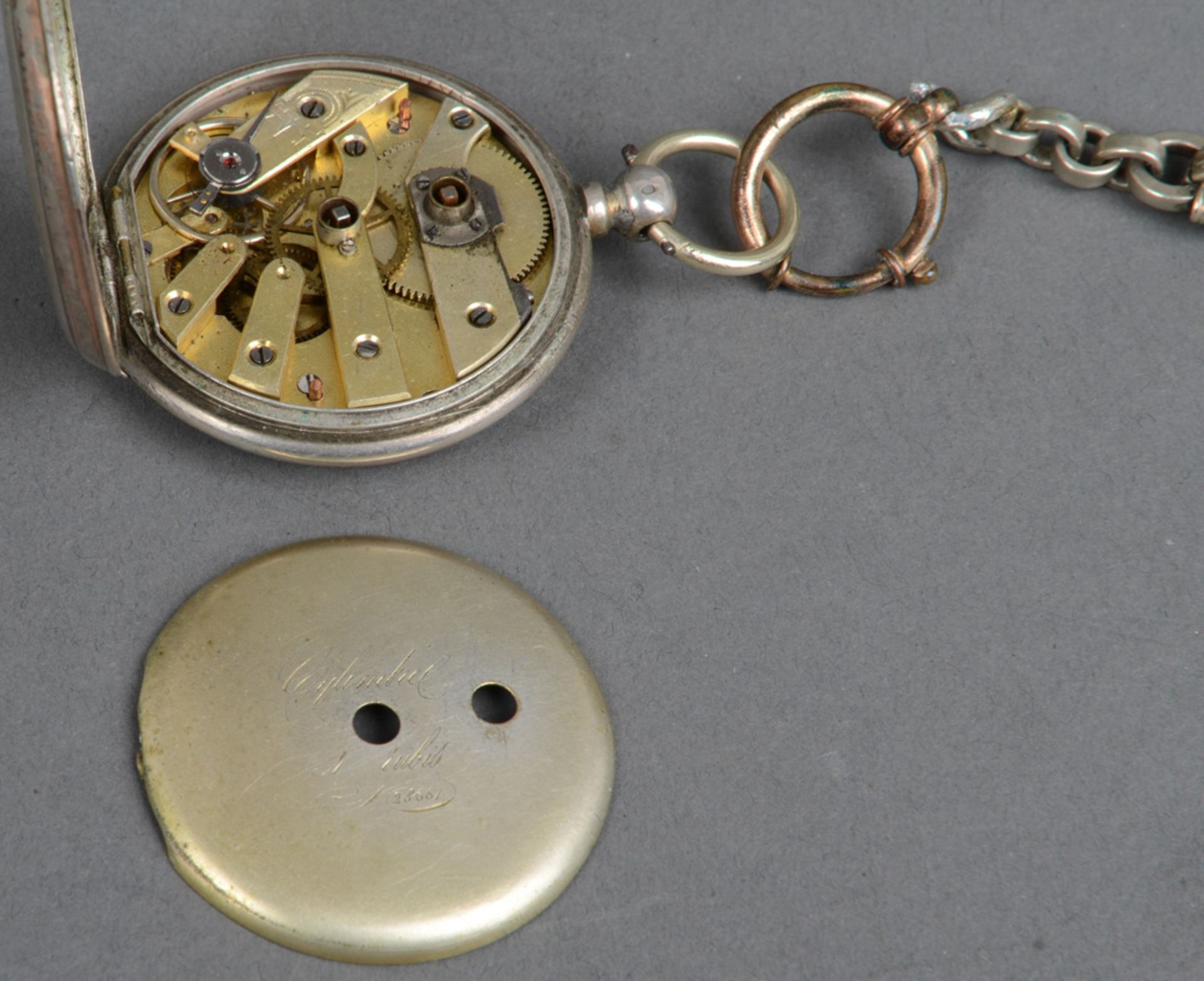 Herrentaschenuhr mit doppeltem Schlüsselaufzug, Silbergehäuse mit Steinbesatz; dazu versilberte Uhre - Bild 2 aus 2
