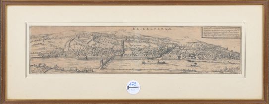 Graphiker des 17. Jhs. Panorama von Heidelberg. Kupferstich, mit Passepartout hi./Gl. gerahmt, 11