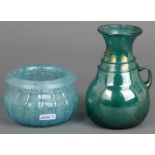 Zwei Vasen. Böhmen. Farbloses Glas, farbig überfangen mit Aufschmelzungen, H=7,8 / 15,4 cm.