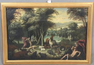 Maler des 17. Jhs. Die Schöpfungsgeschichte. Öl/Lw., gerahmt, 62,5 x 91,5 cm. (rest.) **