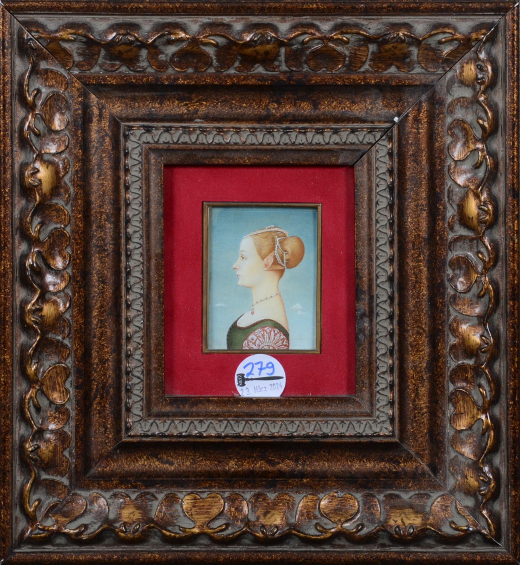 Maler des 20. Jhs. Porträt einer Dame in Renaissancetracht. Öl/Pappe, hi./Gl. gerahmt, mit