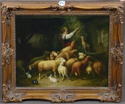 Jef Louis van Leemputten (1867-1948). Schafe mit Mädchen im Stall. Öl/Lw., re./u./sign., gerahmt, 50