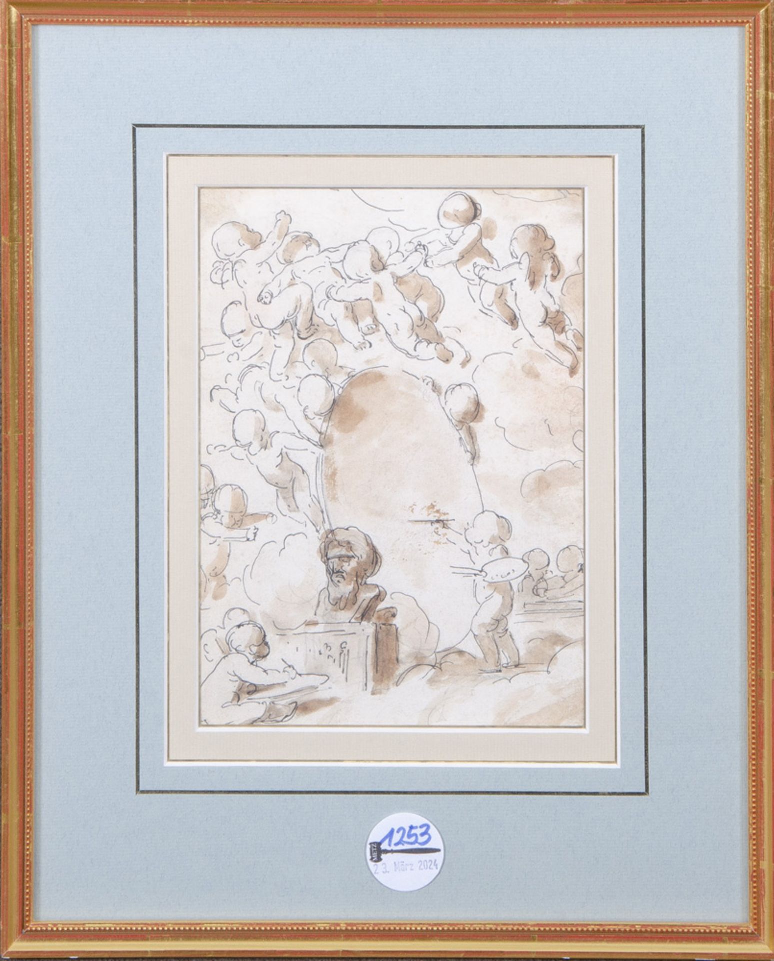Louis Felix de la Rue (1731-1765) attrib. Putto, eine Bildnisbüste zeichnend, umgeben von