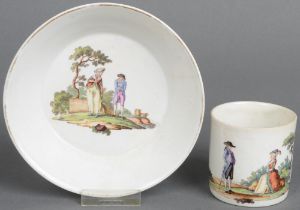 Tasse mit Unterschale. Ludwigsburg 1785. Porzellan, bunt bemalt mit Figurenszene in Landschaft; am