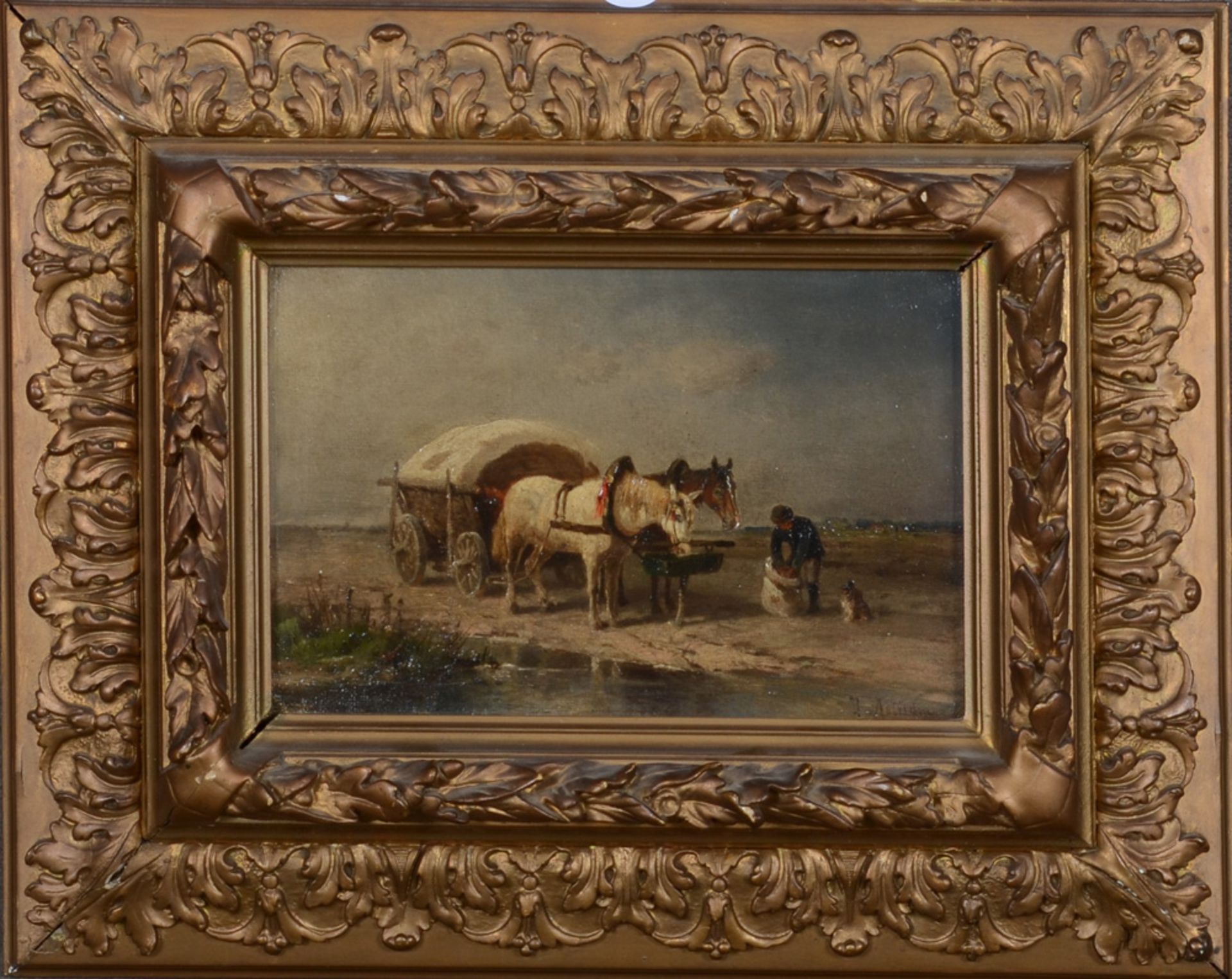 Johanna von Astudin-Meinke (1867-1926). Bauer beim Pferde füttern. Öl/Lw., re./u./sign., gerahmt, 18