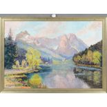 H. Trugert (Maler des 20. Jhs.). Landschaft mit Bergsee. Öl/Malkarton, li./u./sign., gerahmt, 70 x