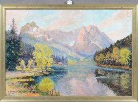 H. Trugert (Maler des 20. Jhs.). Landschaft mit Bergsee. Öl/Malkarton, li./u./sign., gerahmt, 70 x