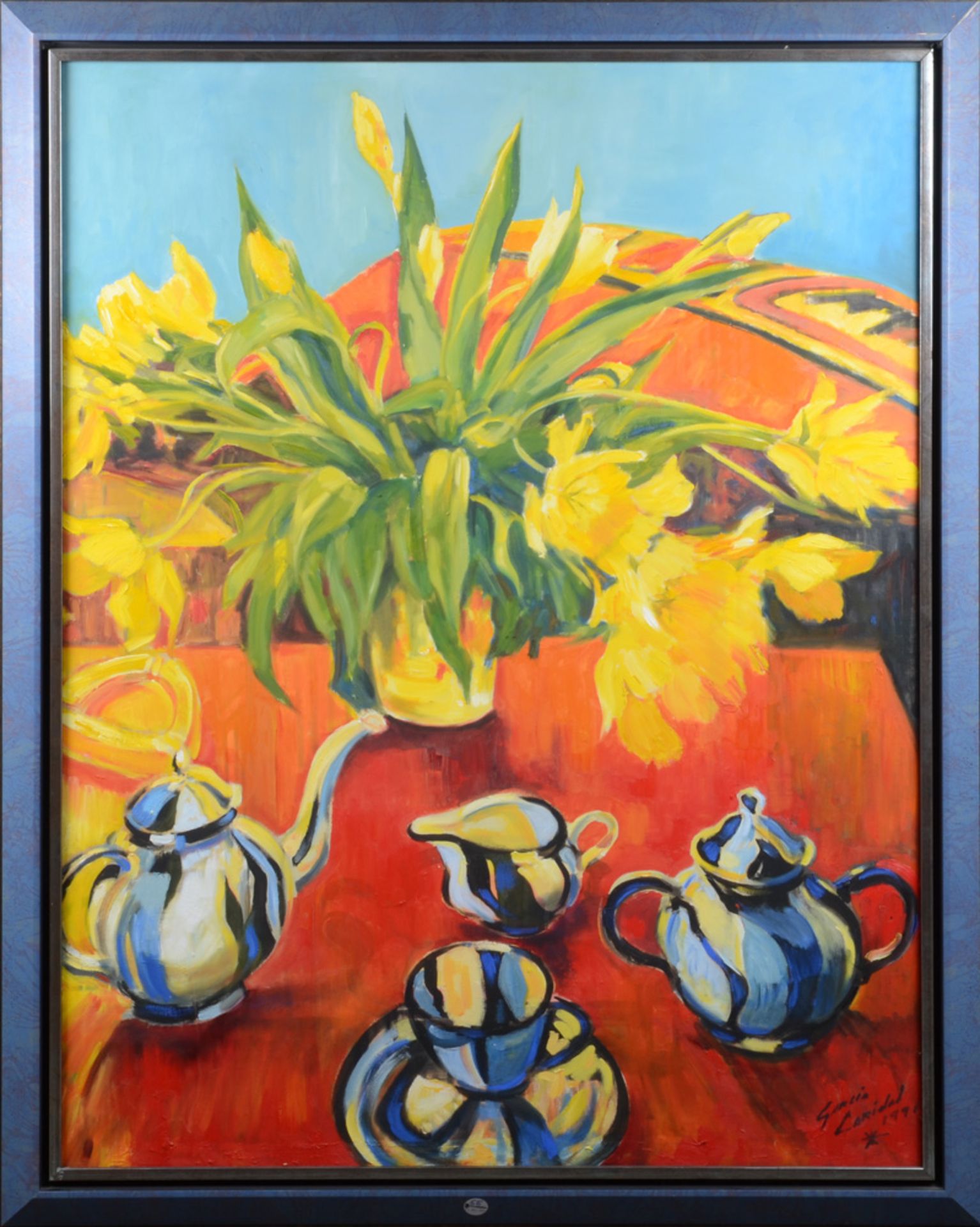 Miguel Garcia Caridad (Maler des 20. Jhs.). Stillleben mit Teeservice und gelbem Tulpenstrauß. Öl/
