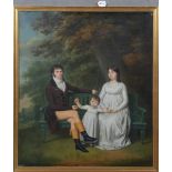 Deutscher Maler des 19. Jhs. Familienporträt in Parklandschaft. Öl/Karton, auf Holzplatte