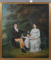 Deutscher Maler des 19. Jhs. Familienporträt in Parklandschaft. Öl/Karton, auf Holzplatte aufgezogen