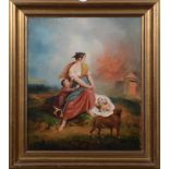 Maler des 19. Jhs. Frau mit Kindern auf der Flucht vor einem brennenden Gebäude. Öl/Lw., gerahmt, 54