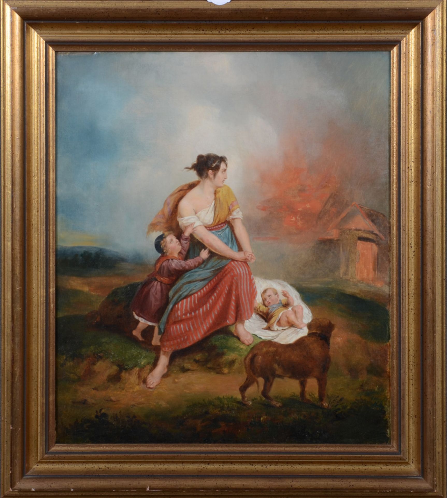 Maler des 19. Jhs. Frau mit Kindern auf der Flucht vor einem brennenden Gebäude. Öl/Lw., gerahmt, 54