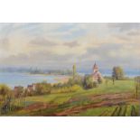 H. Hauber (Maler des 20. Jhs.). Blick auf Uferlandschaft mit Kirche, wohl die Reichenau. Öl/Lw.,