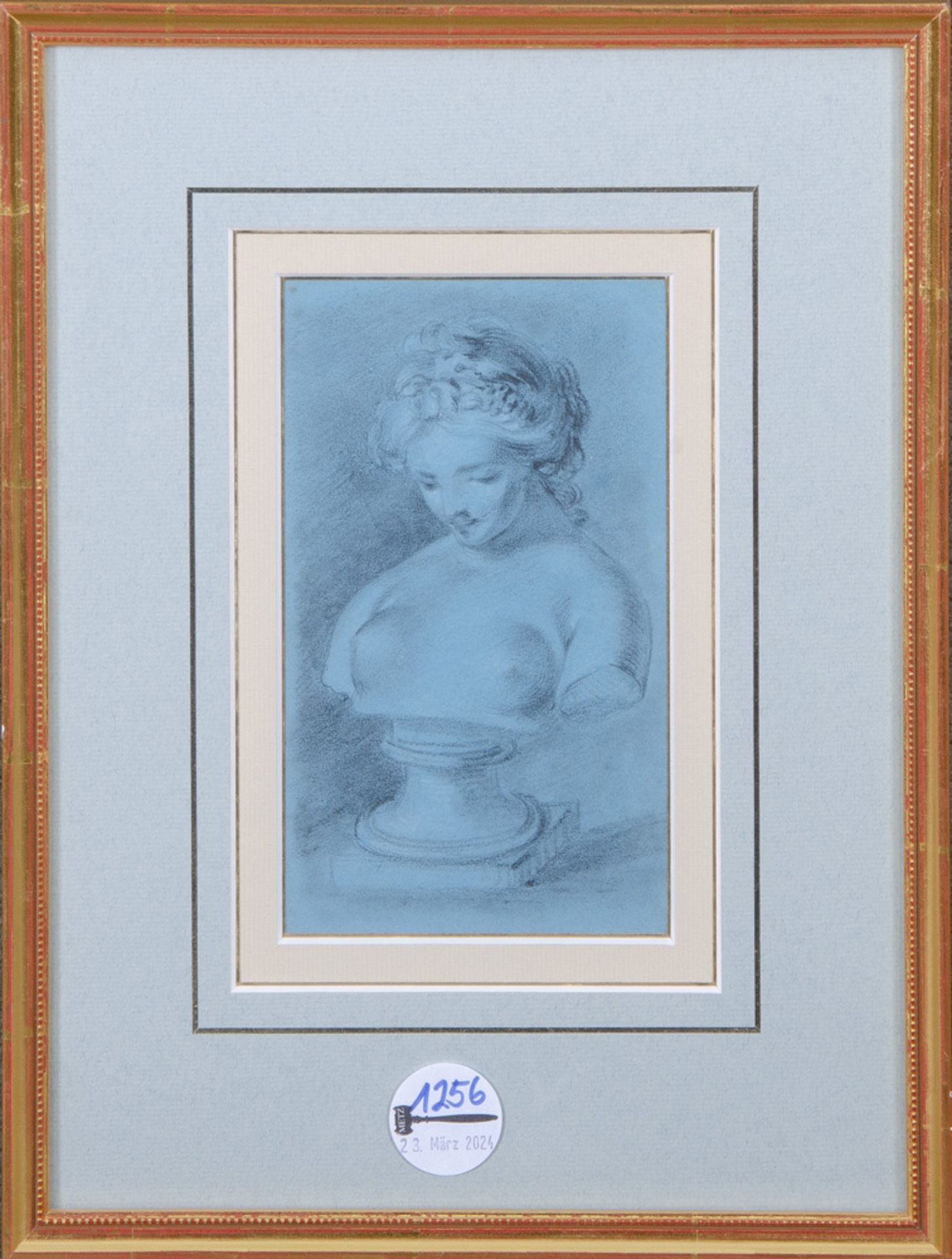 Maler des 18. Jhs. Frauenbüste. Kohlezeichnung auf blauem Papier, mit Passepartout hi./Gl.