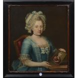 Maler des 18. Jhs. Porträt einer Dame, ein Damenporträt in der Hand haltend. Öl/Lw., gerahmt, 79 x 6