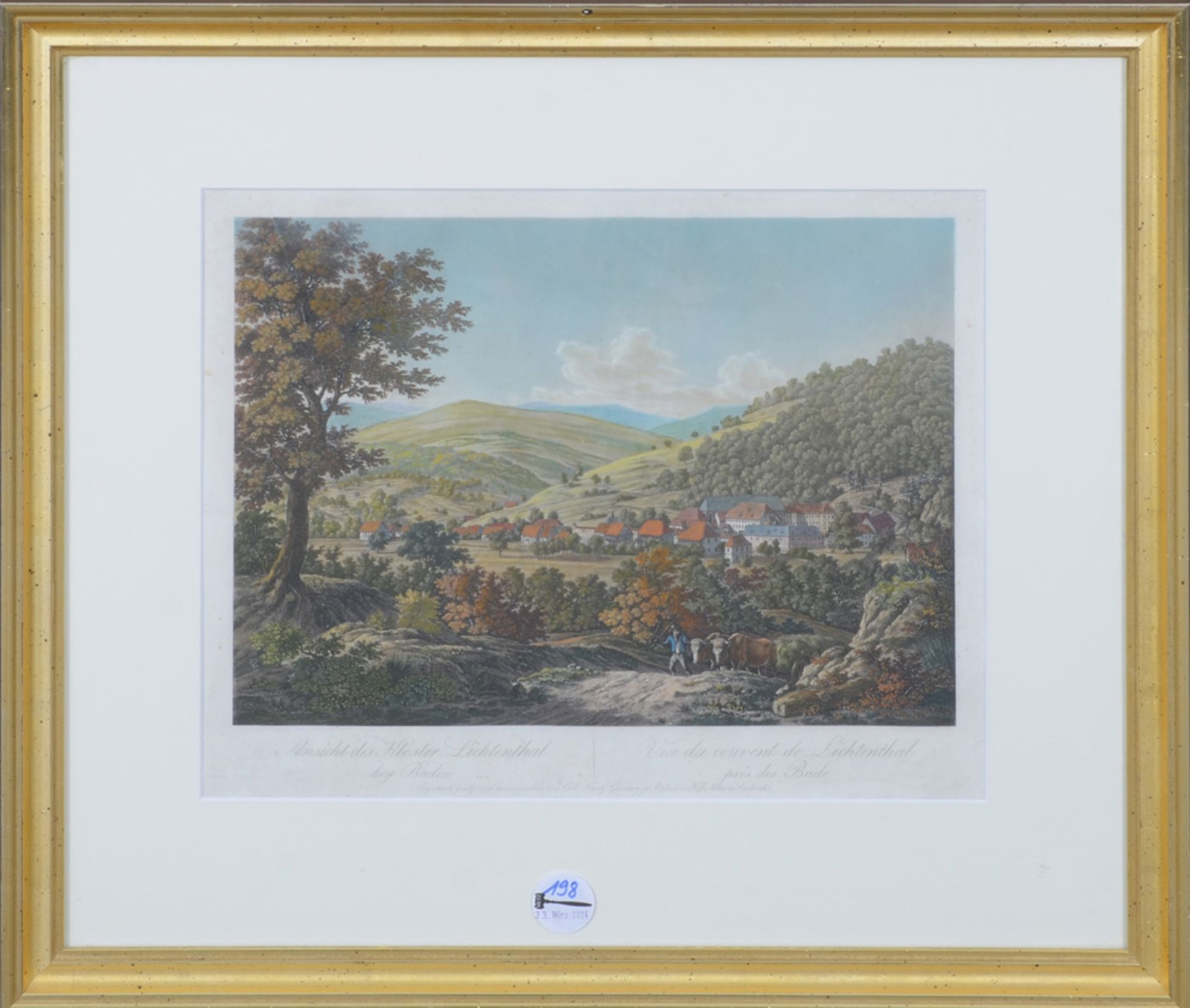 Karl Kuntz (1770-1830). „Ansicht des Klosters Lichtenthal bei Baden-Baden“. Aquatinta, mittig/u./sig