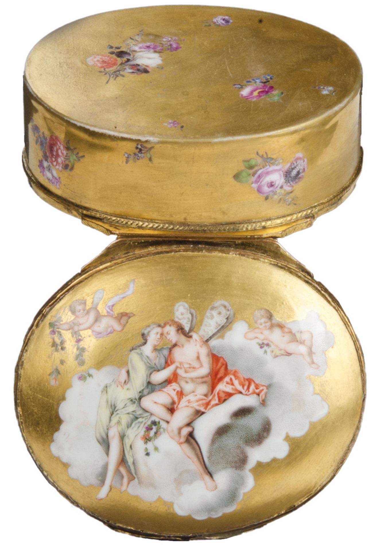 Tabatière. Meissen 1750. Oval, mit nach oben zu öffnendem Deckel, verbunden durch vergoldete, - Image 2 of 2