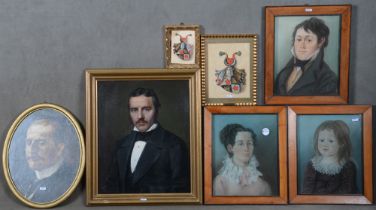 Deutscher Maler des 19. Jhs. Fünf Porträts der Familie des Küfermeisters Ludwig Hefft und Wappen;