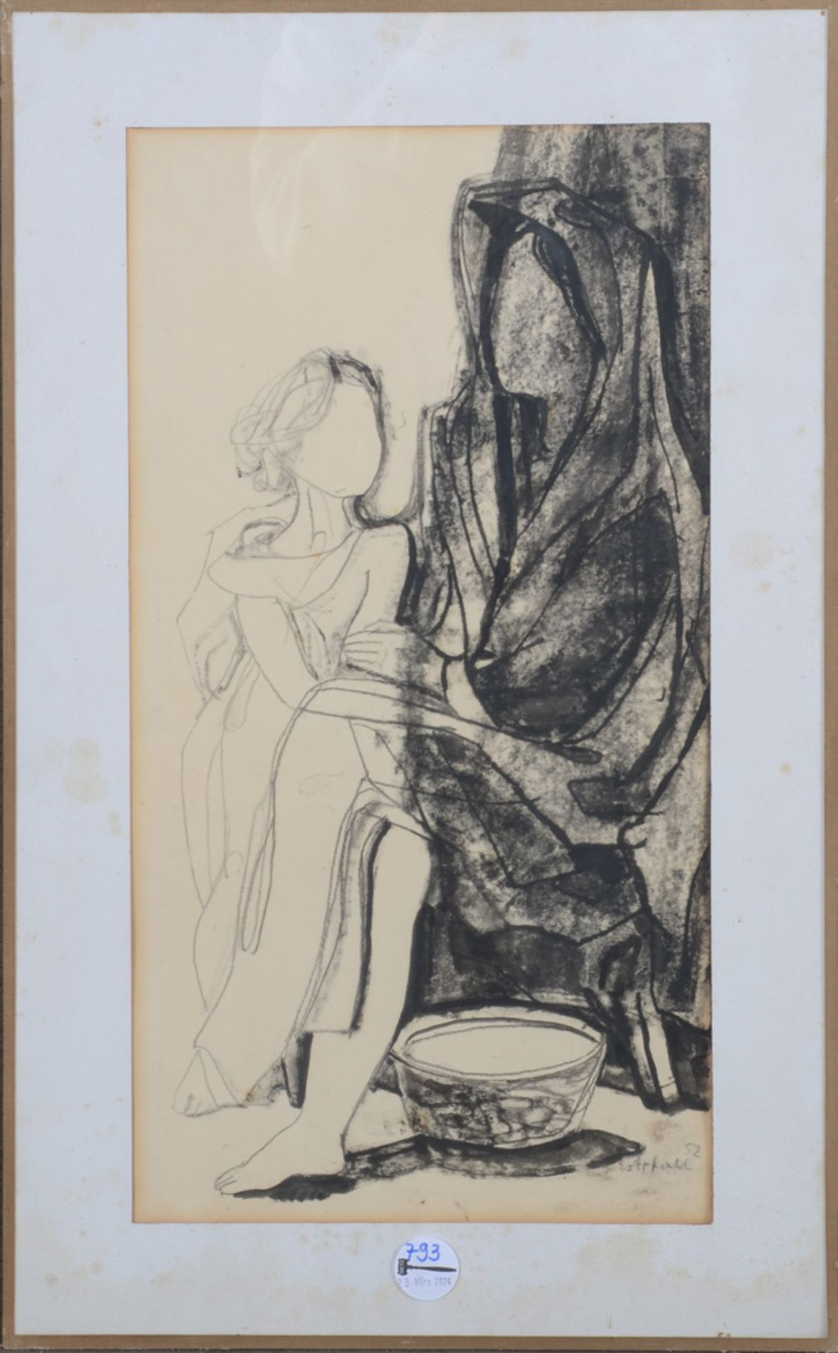 Conrad Westpfahl (1891-1976). Sitzende Frau mit Kind. Tuschzeichnung, re./u./sign./dat. (19)52,
