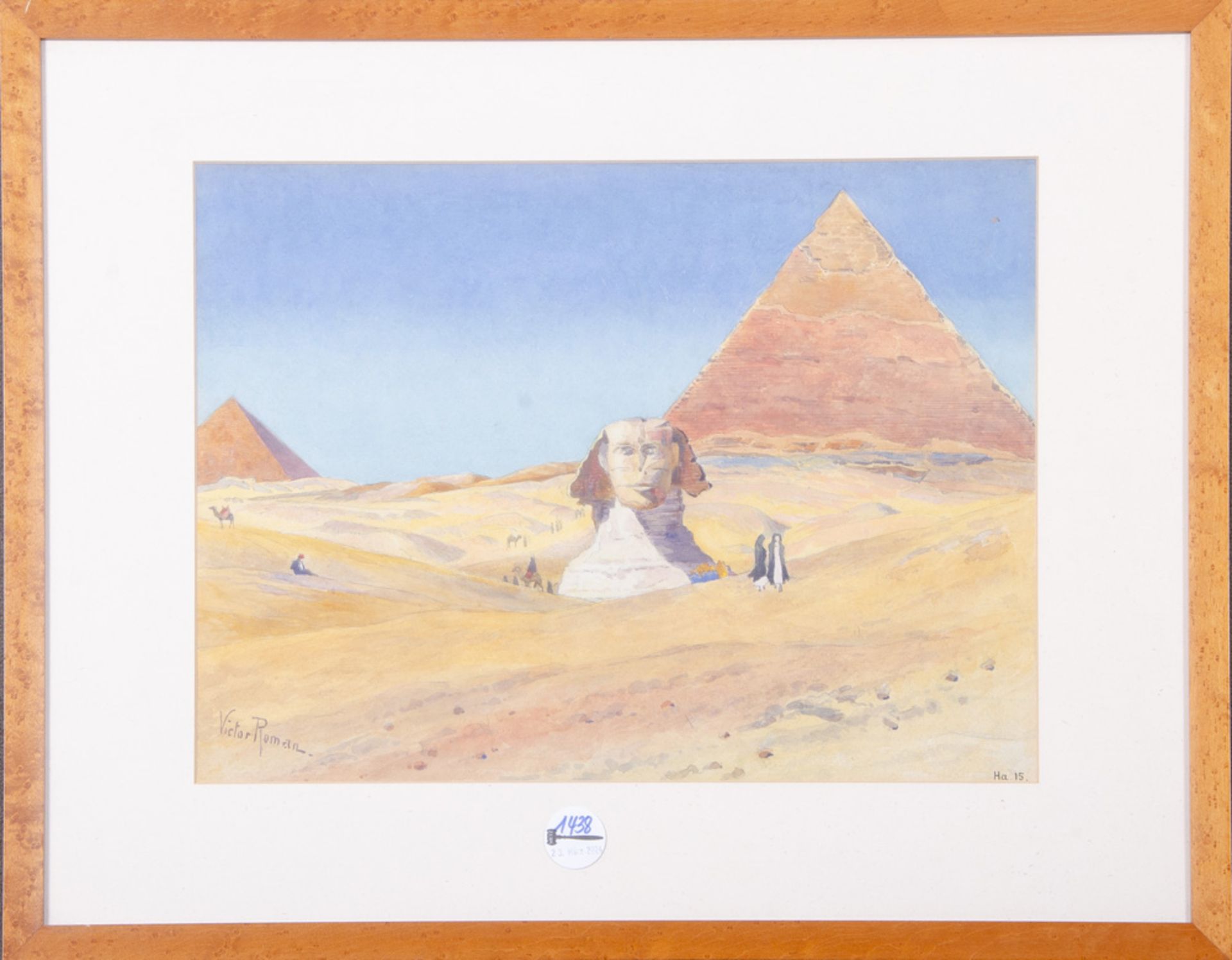 Viktor Roman (1841-1916). Sphinx vor der Pyramide von Gizeh. Aquarell/Papier, li./u./sign./dat. (19)
