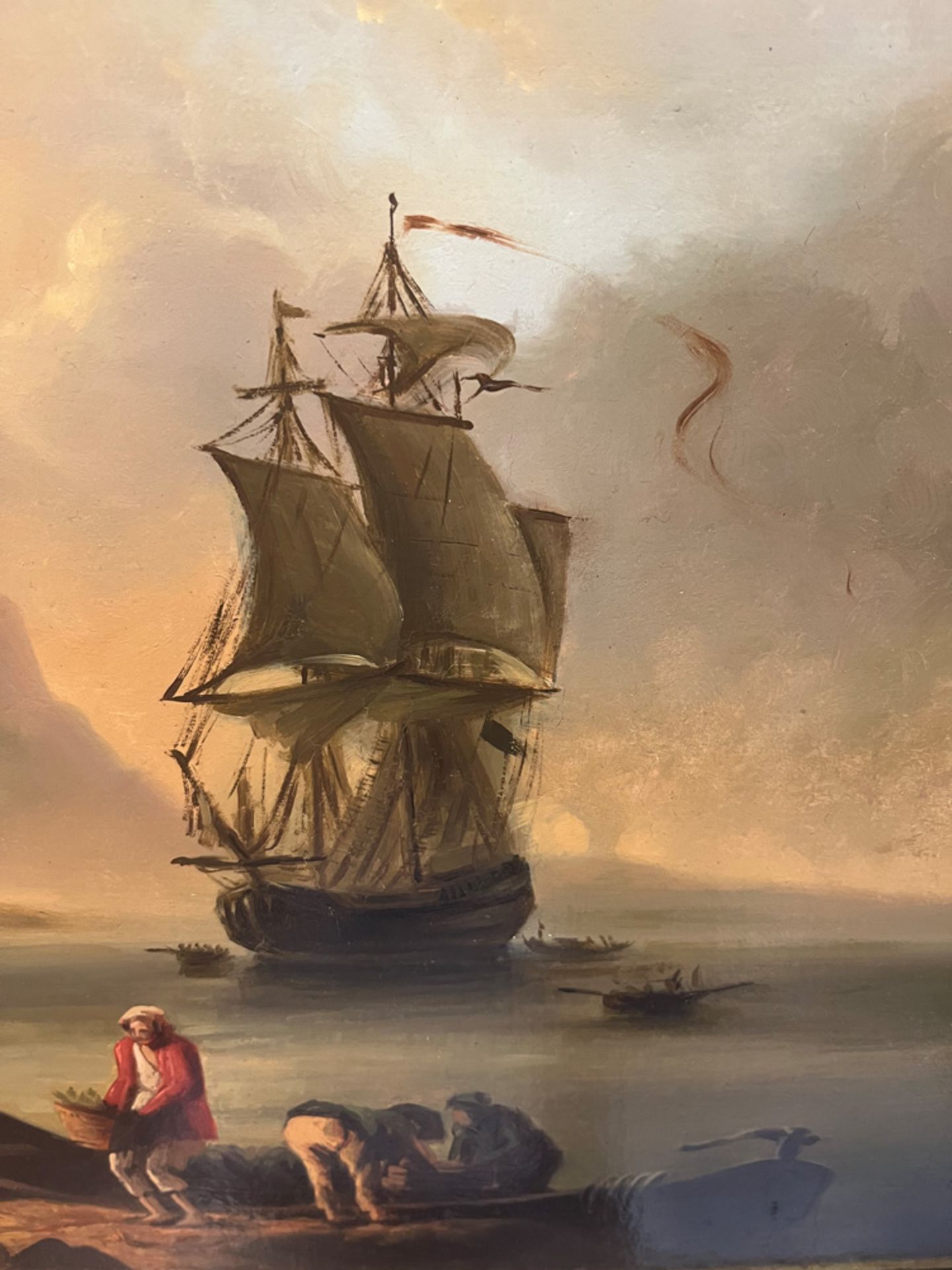 Maler des 19. Jhs. Zweimaster in einer Bucht mit Personenstaffage, Booten und Turm. Öl/Lw., - Image 6 of 9