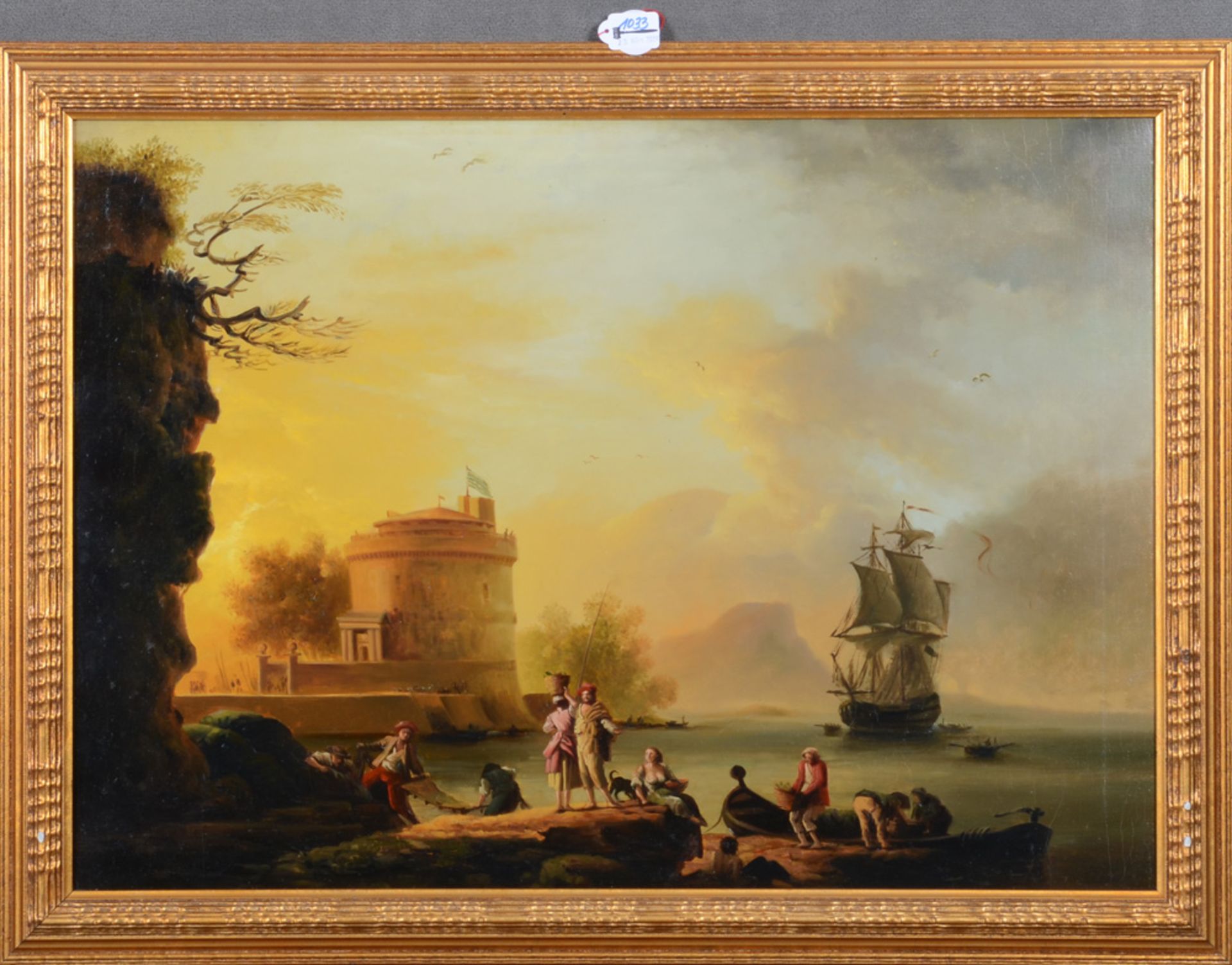 Maler des 19. Jhs. Zweimaster in einer Bucht mit Personenstaffage, Booten und Turm. Öl/Lw.,