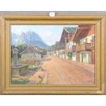 Carl Franz (*1863) attrib. Straße in Garmisch mit Blick auf die Berge. Öl/Lw., re./u./bez./dat.