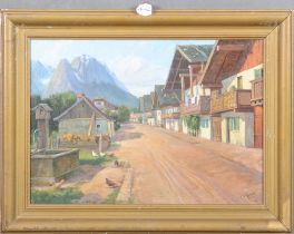 Carl Franz (*1863) attrib. Straße in Garmisch mit Blick auf die Berge. Öl/Lw., re./u./bez./dat. 1922