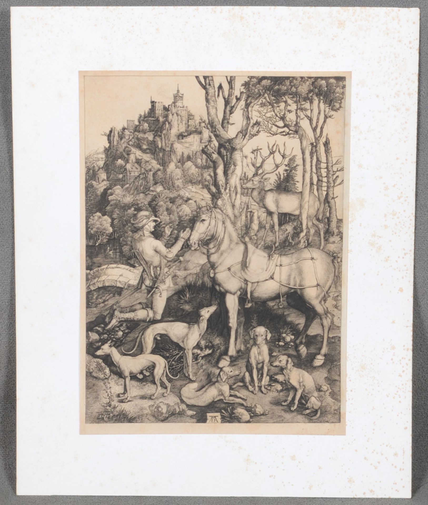 Albrecht Dürer (1471-1528). Hl. Hubertus, Schutzpatron der Jäger. Kaltnadelradierung, ungerahmt,