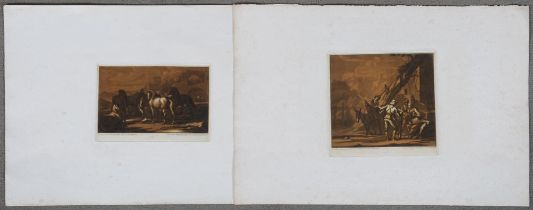 Georg Philipp Rugendas (1666-1742). Eselreiter und Personen vor Gebäude sowie Pferde vor Tor. Zwei