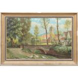 Maler des 20. Jhs. Landschaft mit Brücke, Personenstaffage und Dorf im Hintergrund. Öl/Lw., gerahmt,