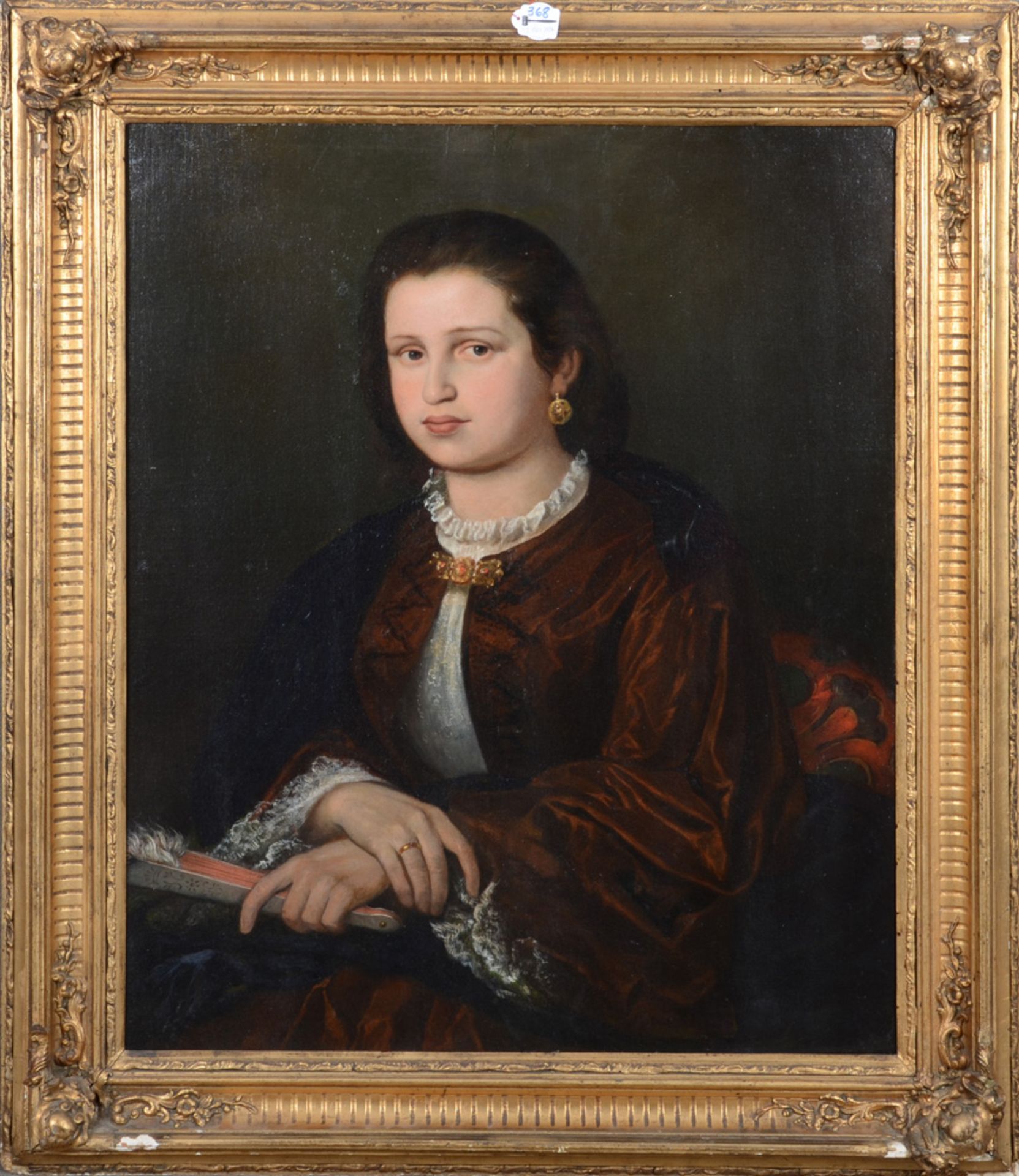 Maler des 19. Jhs. Porträt einer Dame mit Fächer. Öl/Lw. doubliert, re./mittig/monogr./dat. „SzM 186
