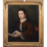 Maler des 19. Jhs. Porträt einer Dame mit Fächer. Öl/Lw. doubliert, re./mittig/monogr./dat. „SzM 186