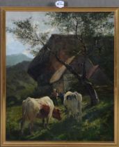 Maler des 19. Jhs. Gebirgslandschaft mit Vieh und Personenstaffage vor Gebäude. Öl/Lw., re./u. unles