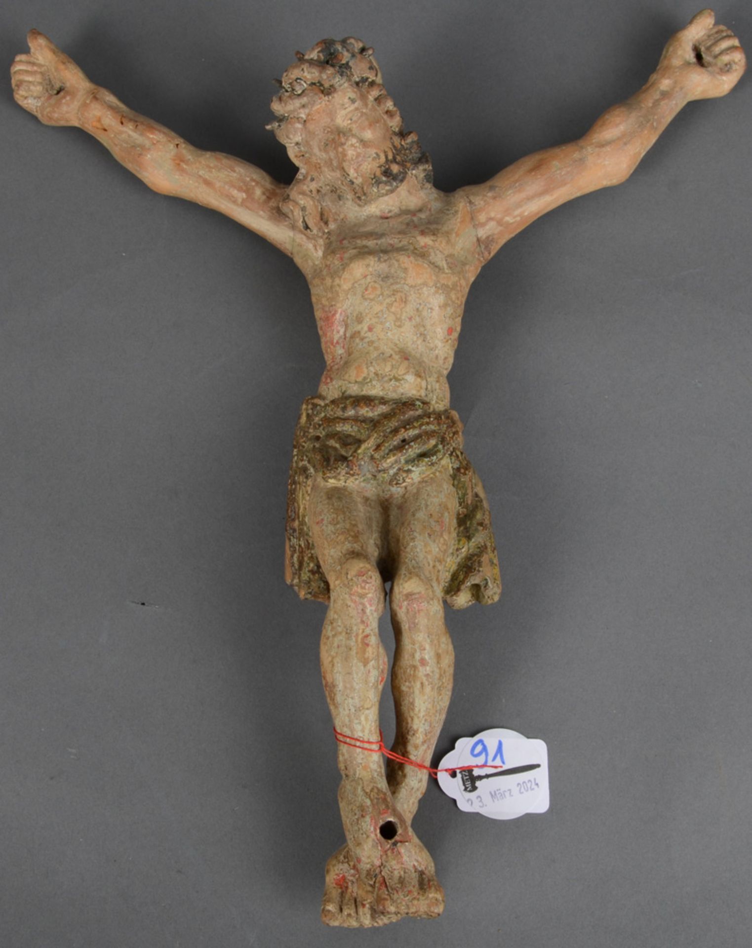 Kruzifixus. Süddeutsch 18. Jh. Massivholz, geschnitzt, auf Kreidegrund gefasst, 39 x 32 cm. (Fassung