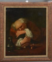 Maler des 19. Jhs. Schlafender Mann an Tisch. Öl/Lw. doubliert, re./u. unleserlich sign., gerahmt,