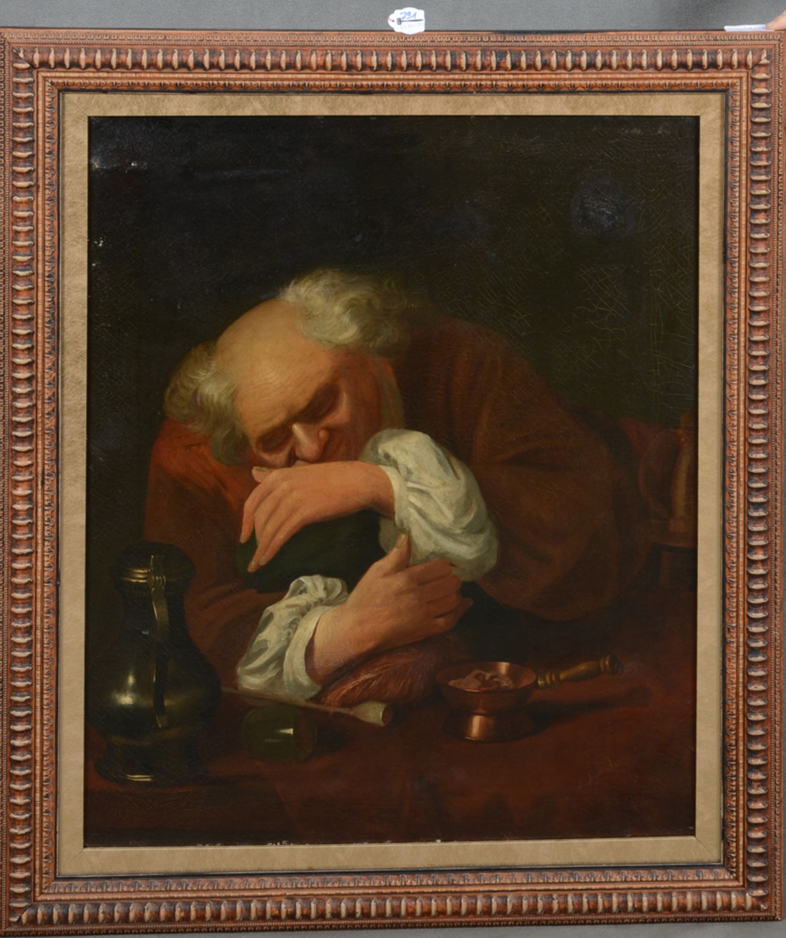 Maler des 19. Jhs. Schlafender Mann an Tisch. Öl/Lw. doubliert, re./u. unleserlich sign., gerahmt, 8
